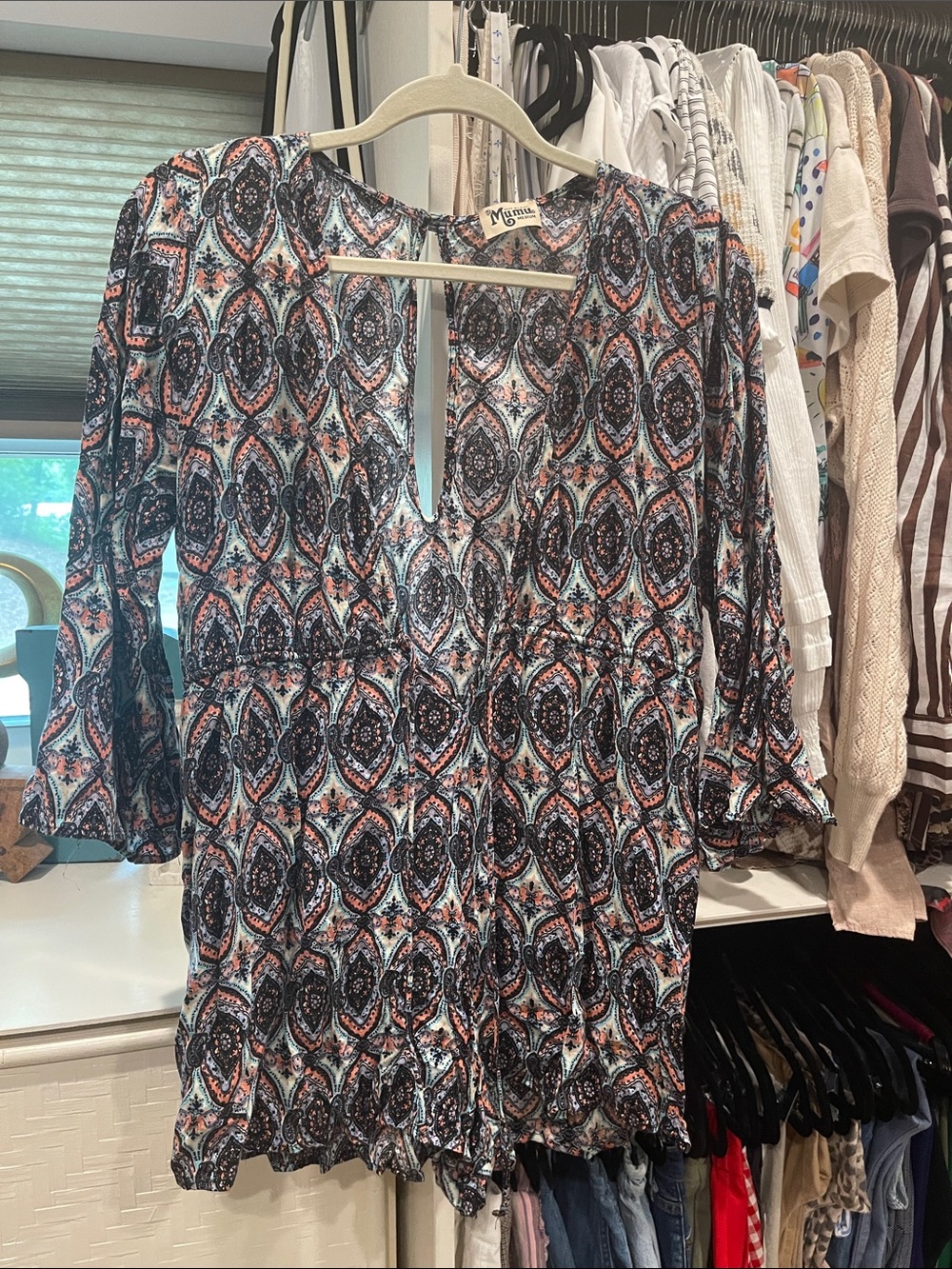 Patterned Keyhole Romper in Navy, Coral & White